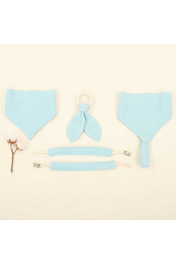 Yunikobaby-Teether - Pacifier Strap - Drool Bib Set - Four Layer Turquoise Muslin 1