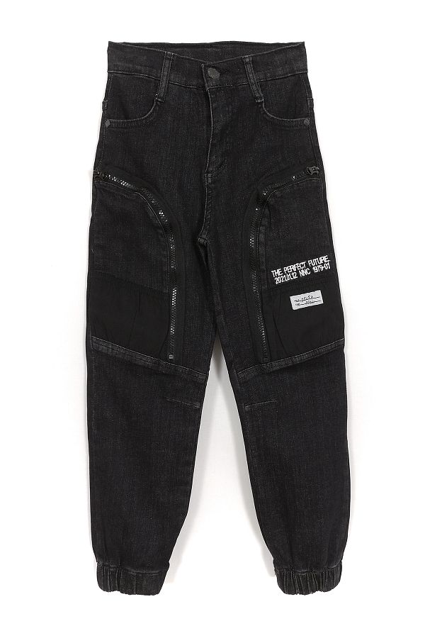 DobaKids-Boy's Black Denim Jogger Pants with Zipper and Pocket Detail 1