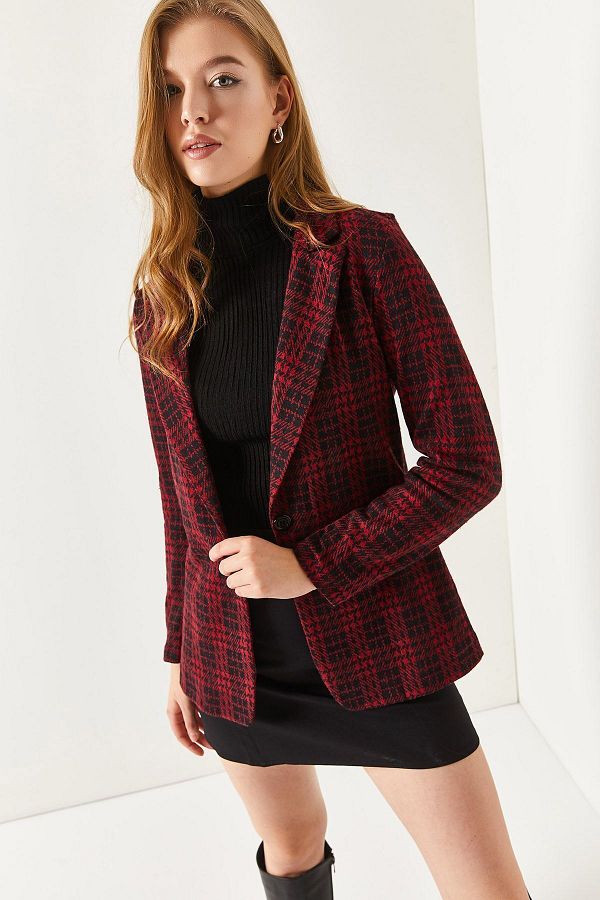 armonika-Burgunderrote, karierte Jacke mit einem Knopf und Prägung für Damen ARM-19K001131 1