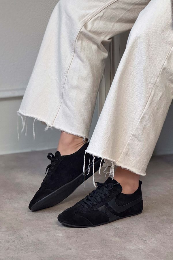 NİŞANTAŞI SHOES-Saint Black Genuine Suede Flat Sole Women's Lace-Up Sneakers 1