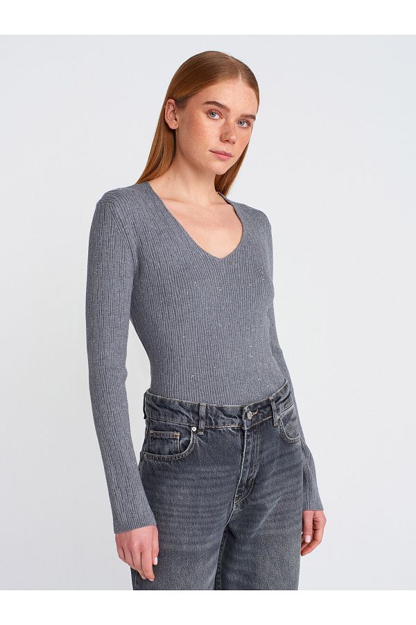 Dilvin-10708 Model V-Neck Thin Sweater - Sequin, Soft Texture, Smoked m 1