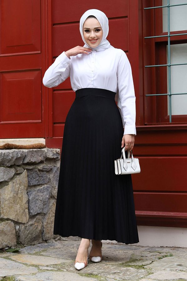 Tesettür Dünyası-Elastic Waist Pleated Skirt TSD240217 Black 1