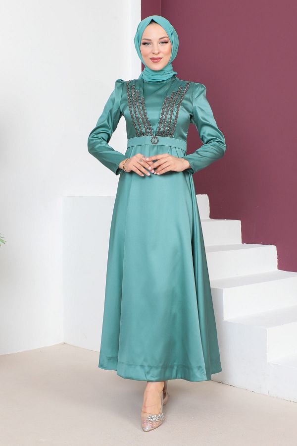 Tesettür Dünyası-Večerní šaty s detailním páskem TSD230636 Mint Green 1