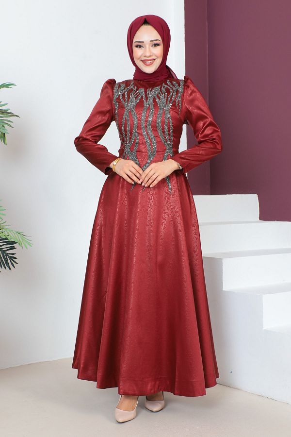 Tesettür Dünyası-Večerné šaty s detailom flitrov vpredu TSD230634 Claret Red 1
