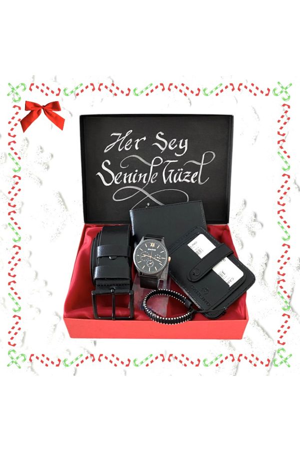 Carlino-Men's Gift Set Black Wrist Watch-Belt- Wallet- Card Holder- Bracelet 1