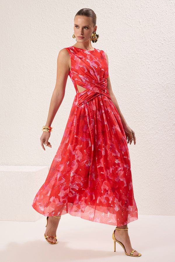 Trendyol Collection-Rosa-Mehrfarbenes, schickes Midikleid mit A-Ausschnitt, ausgeschnittener/Fensterdetails, gefütterter Tüll, gestrickt, TPRSS24EL00022 1