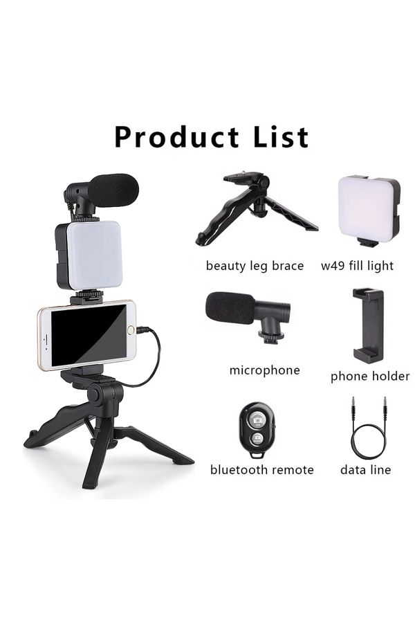 STTKGZD-Whole Set Smartphone Vlogging Kit With Tripod Phone Holder Mini Microphone Led Fill Light Starter Fo 1