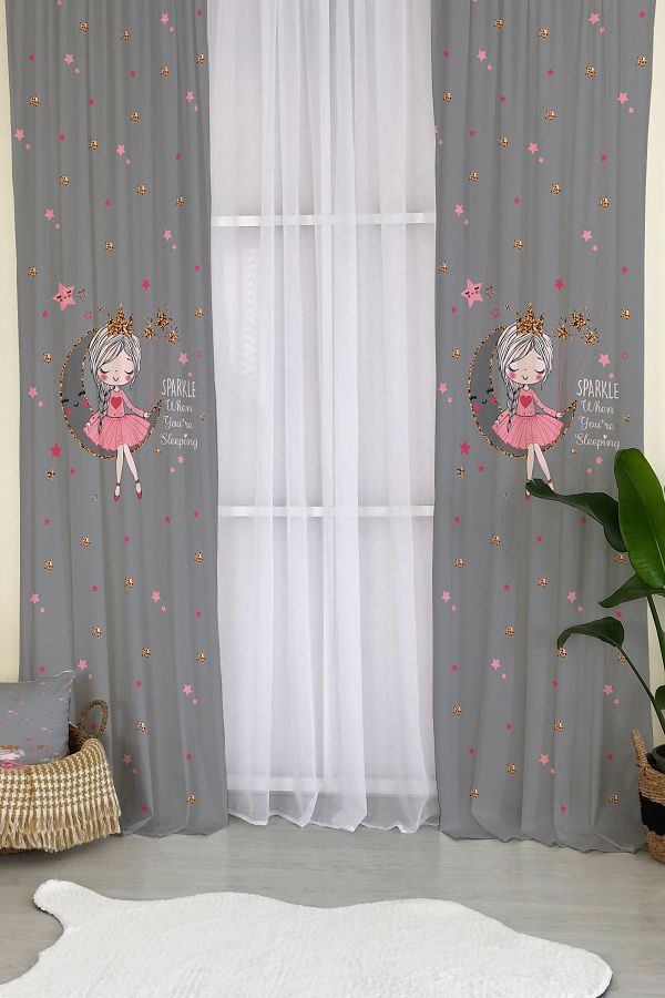 Evmila-Girl Sitting on the Moon Gray Background Curtain 87 1