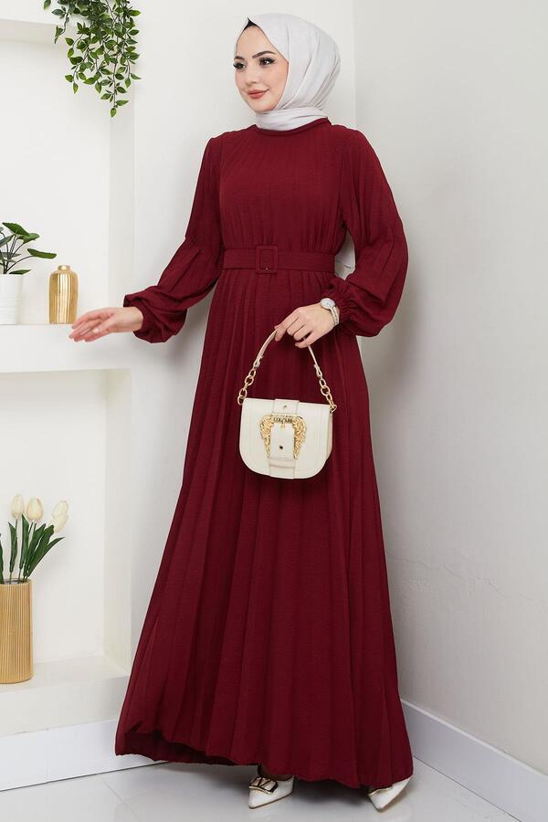 hafsamina Belted Pleated Aerobin Dress Burgundy Hm2339