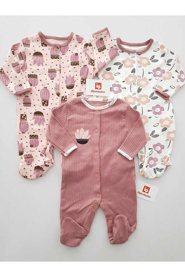 ib ilkimbebe Çiçekli 3lü Bebek Tulum Seti , %100 pamuklu