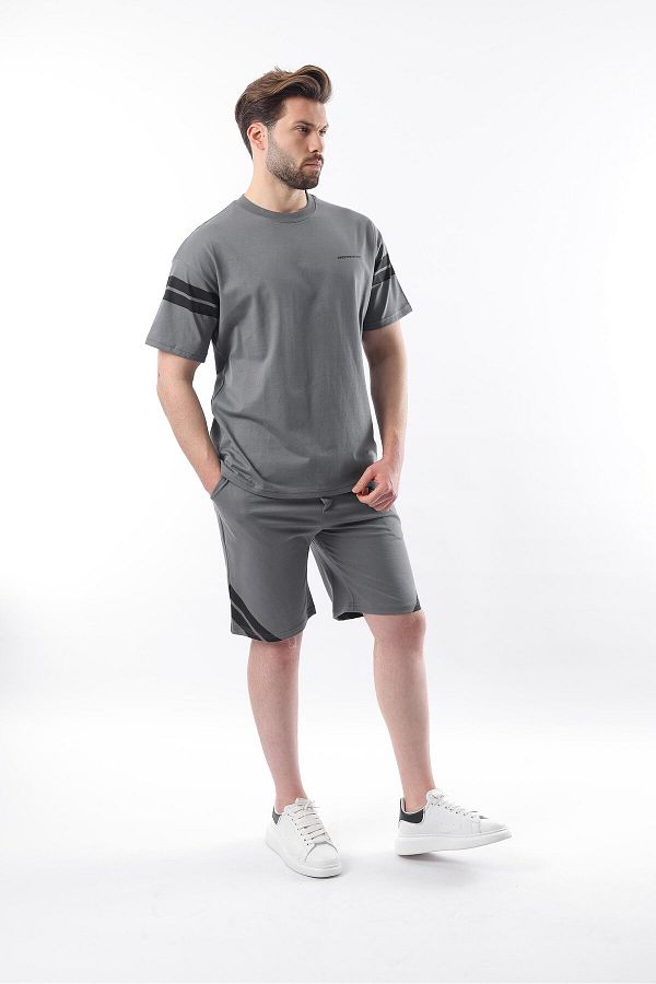 Madmext-Smoked Stripe Detaillierte Herren Shorts T-Shirt Anzug E7301 1