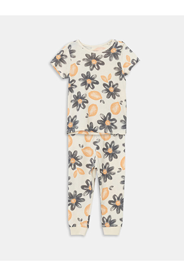 LC Waikiki GiyÇık Store den Bej Bisiklet Yaka Çiçekli Kız Bebek Pijama Takımı