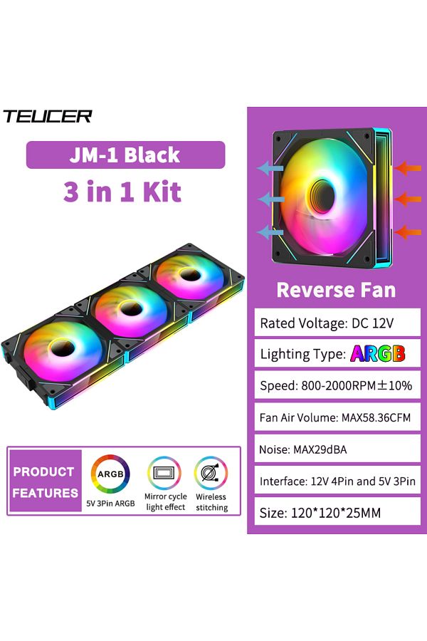 Choice-A-RGB AS Show JM-1 Black Reverse TEUCER JM-1 Computer Case Fan ARGB Mirror Cycle Light Effect 120mm 1
