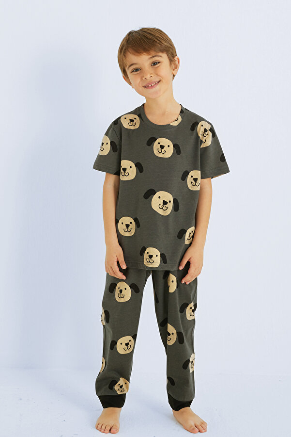Siyah İnci antrasit Erkek Çocuk %100 Pamuk Köpek Animal Baskılı Bisiklet Yaka Pijama Takım25110157