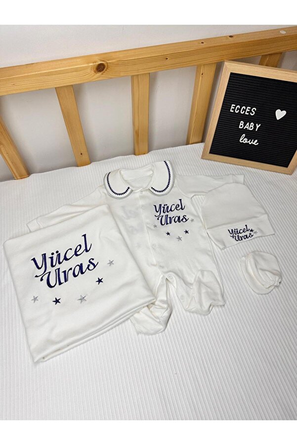 ECCES BB Yenidoğan Tulum Takımı 4 Lü Set Nakışlı Mevlütlük isimli Zıbın Takım Çorap