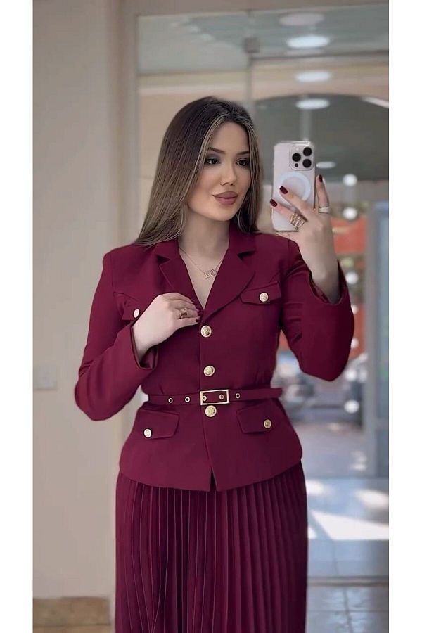 CLASSY.MODA-Two Sets-Gold Belt - Button Blazer Jacket and Pleated Long Skirt Set 1