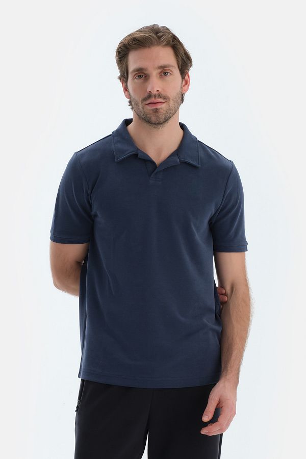 Dagi-Indigo Polo Collar Short Sleeve Modal Pique T-Shirt 1
