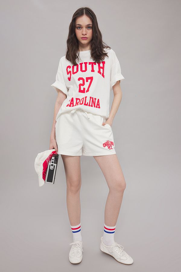 Trendyol Collection-100% Cotton Ecru Slogan Oversize Top and Short Shorts Set - Twoss25Au00039 1