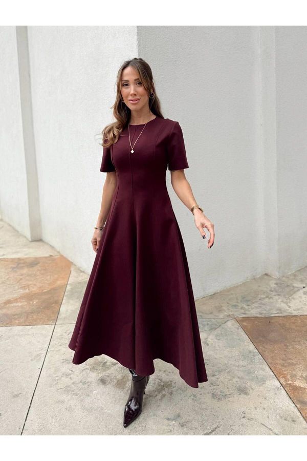 Maldia Shop-Women's Maxi Length Flared Princess Burgundy Dress 1