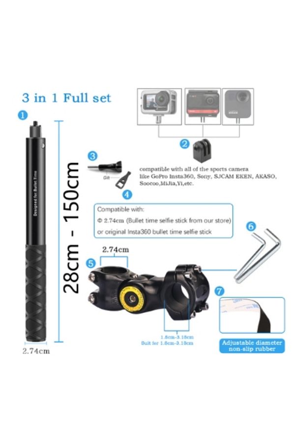 HONGDAK-3 in 1 set 150cm Motorcycle Handlebar Mount Invisible Adjustment Selfie Stick Bicycle Monopod For Go 1