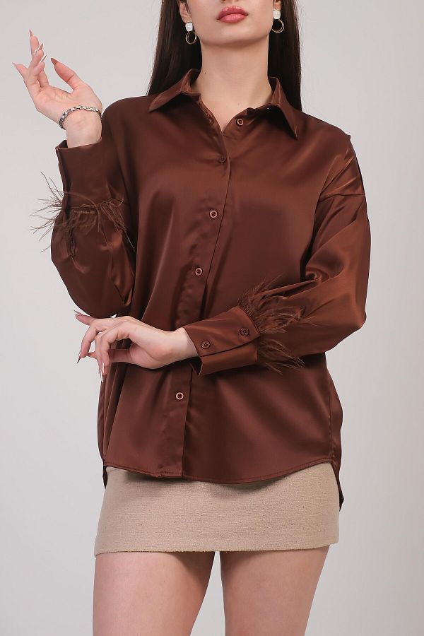 Hisleria-Oversize Model Sleeve Feather Detail Brown Satin Shirt 1