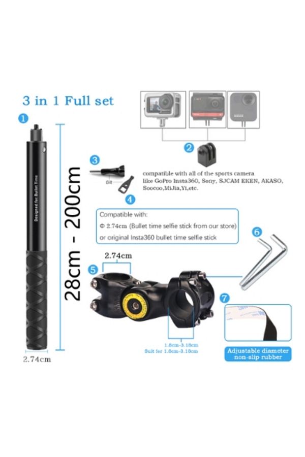 HONGDAK-3 in 1 set 200cm Motorcycle Handlebar Mount Invisible Adjustment Selfie Stick Bicycle Monopod For Go 1
