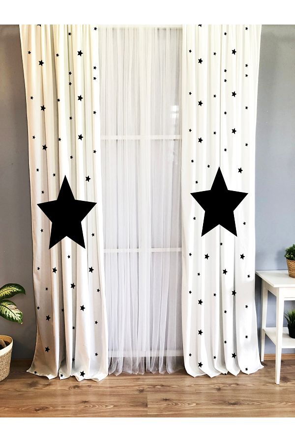 Evmila-Black Star White Background Curtain 242 1