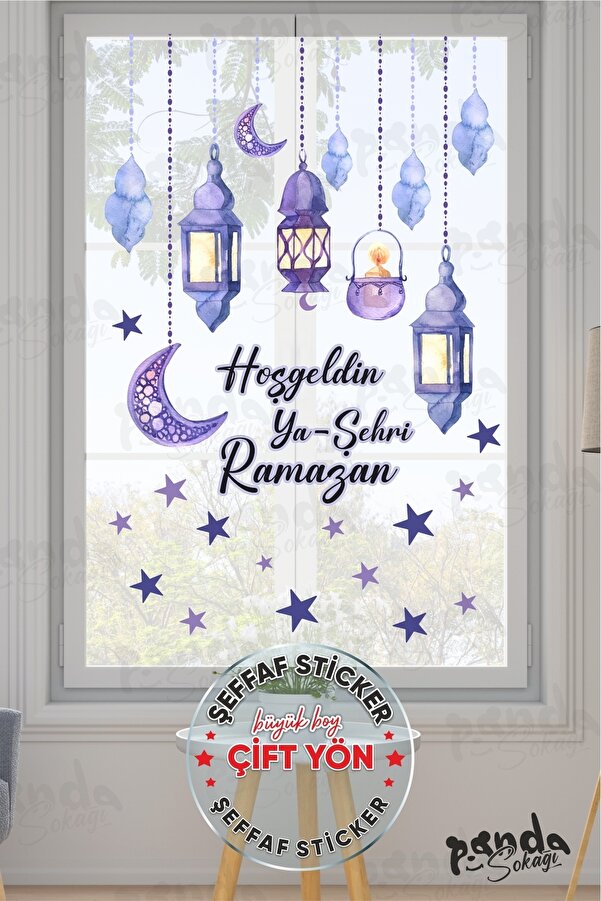 PANDA SOKAĞI Çift Yön Hoşgeldin Ramazan Soft Mor Temalı Fener Sarkıt Cam Duvar Dekorasyon Sticker Seti