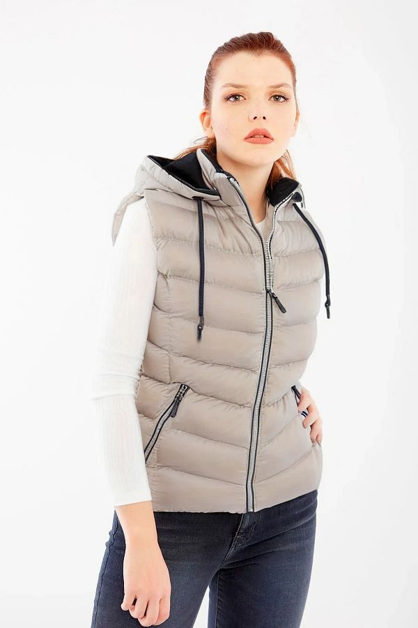 DYNAMO-Women's Ecru Hooded Puffer Vest Fleece Inside Hood 1