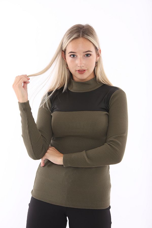 Sense-Long Sleeve Turtleneck Leather Garnished 2x2 Ribana Blouse| Blz14352 Khaki 1