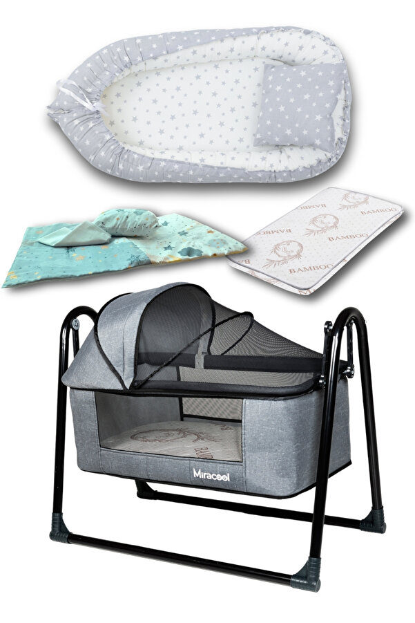 miracool 8'li Avantaj Beşik Seti / Beşik / Bambo Yatak / Yorgan / Yastık / Çarşaf / Babynest ve Yastık
