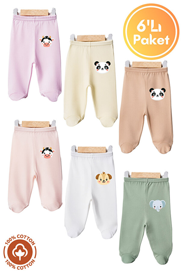 Miniel Unisex Bebek Penye Organik Pamuklu Cute Animals 0-6 Ay Patikli Bebek Tek Alt 6'lı Set