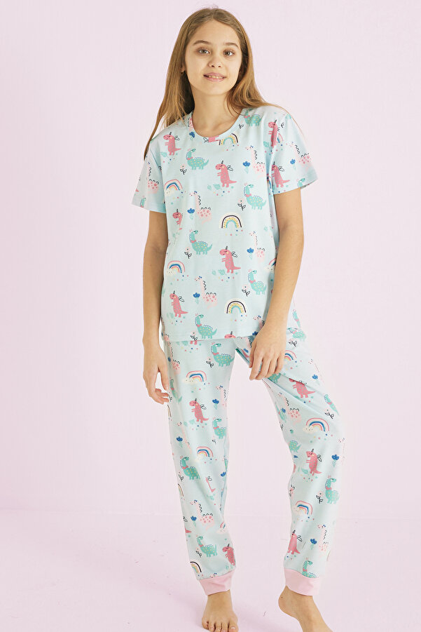 Siyah İnci mavi Kız Çocuk %100 Pamuk Hayvan Baskılı Bisiklet Yaka Pijama Takım25110052