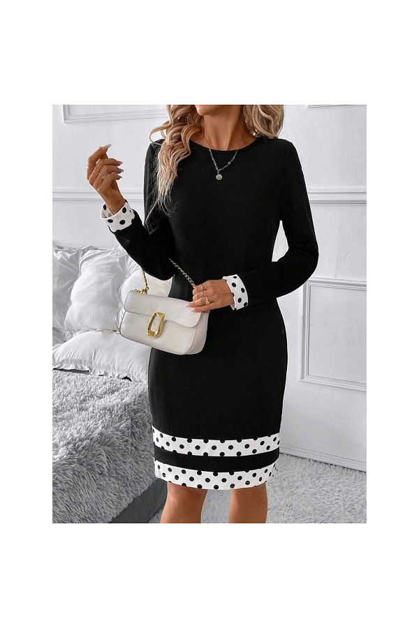 xpetrana-- Women's Long Sleeve Crew Neck Stripe Detailed Polka Dot Short Imported Crepe Dress 1