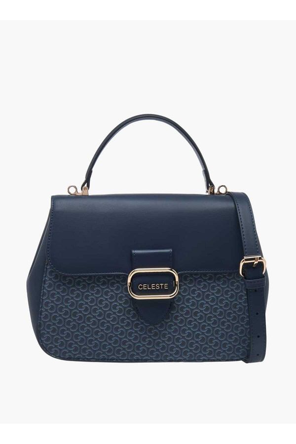 Celeste-Monogram Print Satchel Bag with Grab Handle and Button Closure 1