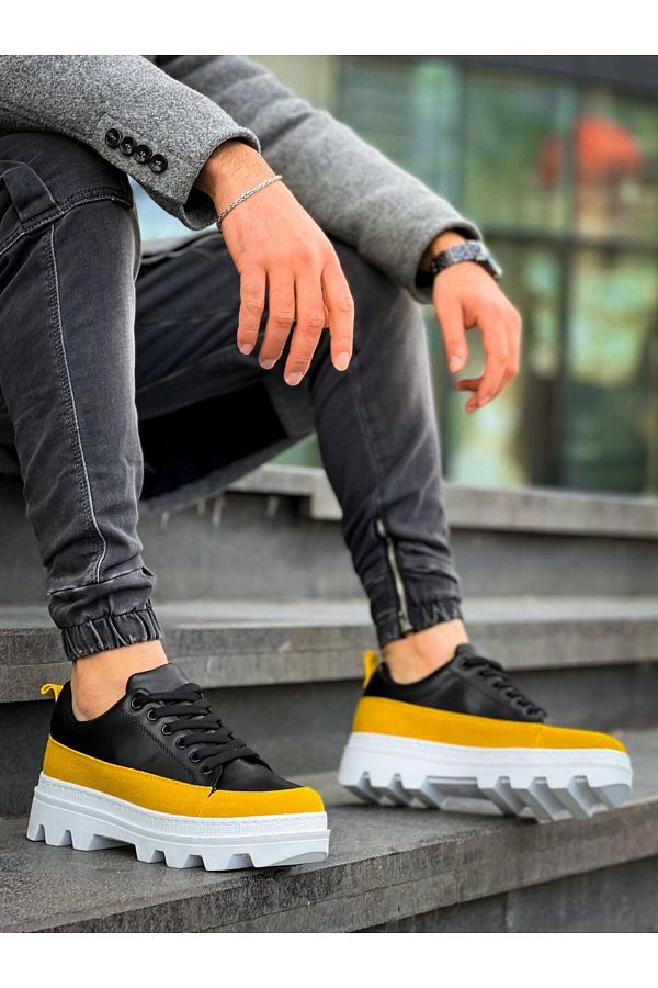 BOA-Kb 056 Black Yellow Detailed White High Sole Casual Sneakers 1