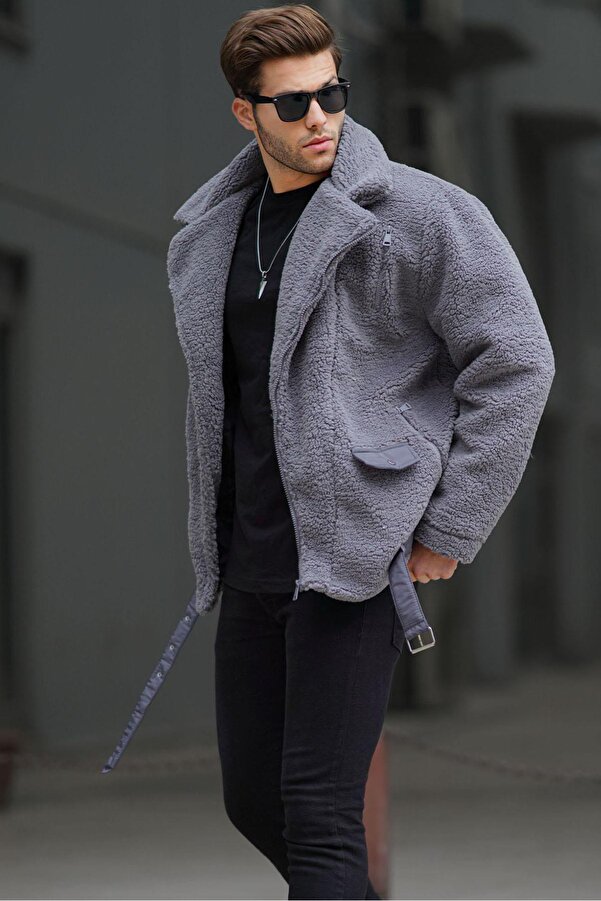 Madmext Smoked Plush Biker Men's Jacket 6849- Trendyol