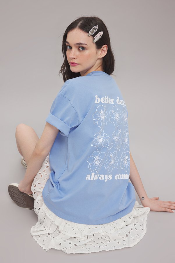 Trendyol Collection Light Blue 100% Thick Cotton Oversize/Wide Fit Front Back Printed Knitted T-Shirt Twoss25Ts00059