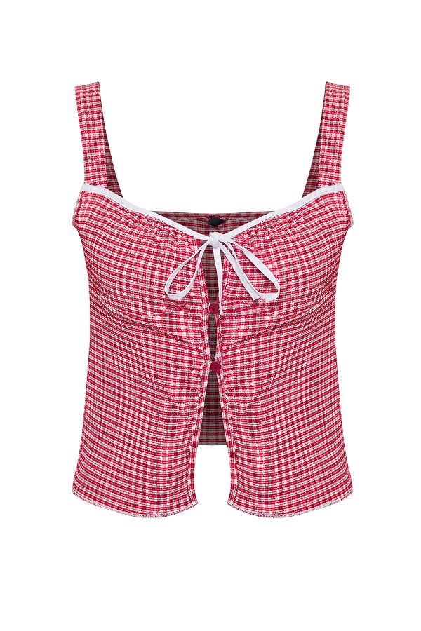 Trendyol Collection-Red Gingham Square Pattern Stretchy Knitted Blouse with Binding Detail Twoss25Bz00234 1