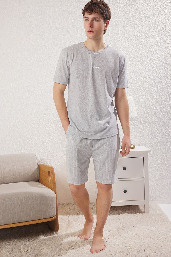 Trendyol Collection-Grey Striped Regular Fit Shorts Pajama Set - Thmss21Pt1005 1