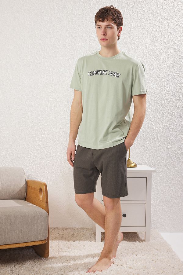 Trendyol Collection-Khaki Regular Fit Slogan Printed Knitted Pajamas Set with Bottom Textured Shorts Tmnss25Pt00023 1