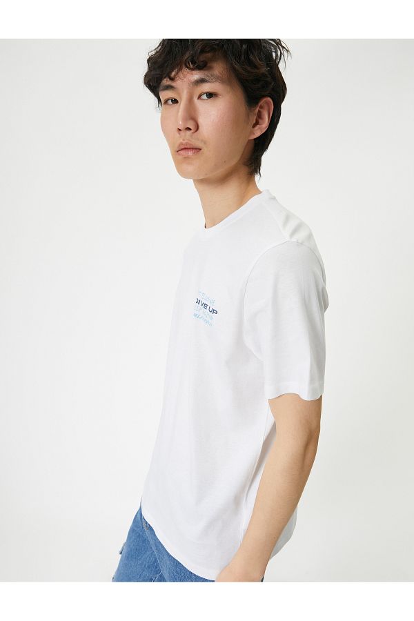 Koton-Crew Neck Slogan Printed Cotton T-Shirt 1