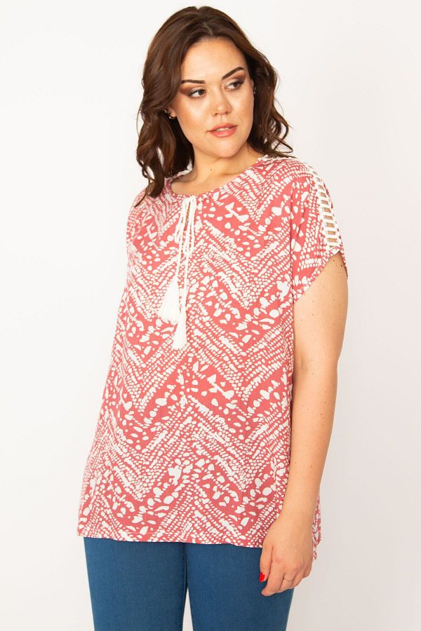 Şans-Women's Large Size Colorful Shoulder Lace Woven Fabric Collar Lace Blouse 65n33536 1