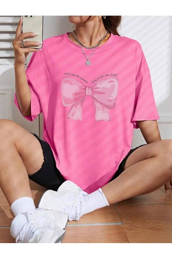 NO 601-Tricou de damă oversize imprimat cu panglici roz 1