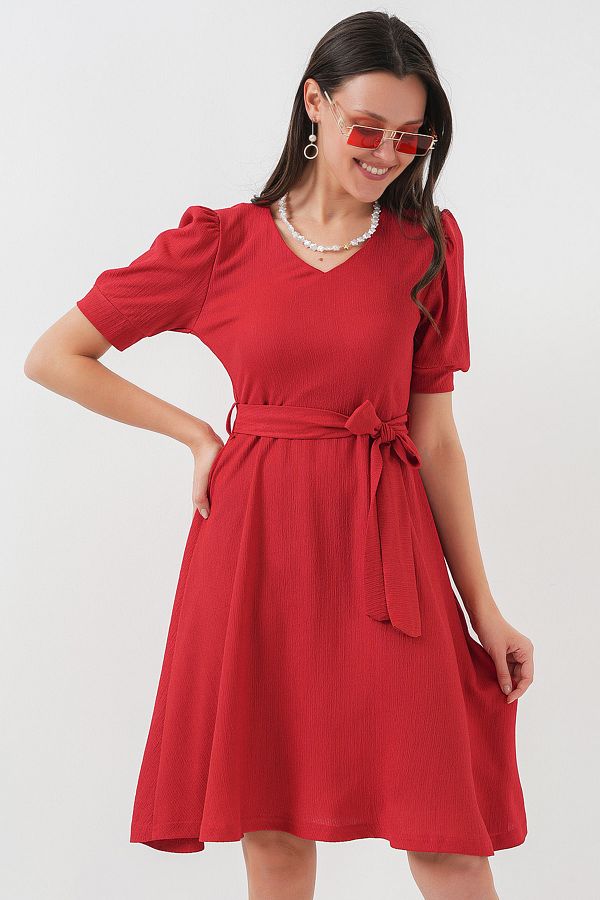 Bigdart-2370 Rochie tricotată cu curea - roșu 1