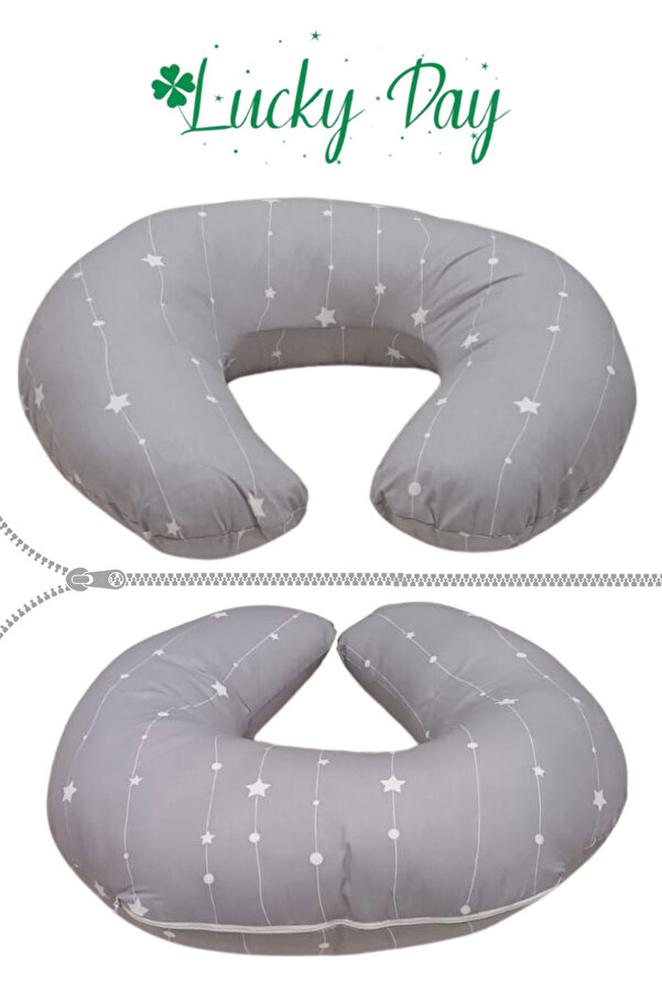 Lucky Day Emzirme Yastığı /bebek Destek Minderi, Hamile Yastığı, Pamuklu Kumaş, Stars, Antrasit Gri