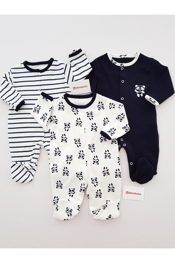 ib ilkimbebe Panda 3lü Bebek Tulum Seti , %100 pamuklu