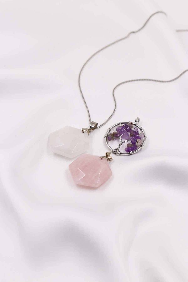 SAURACHI-Crystal Quartz-Pink Quartz-Amethyst Stone Natural Stone Pendant Hexagonal Star Tree of Life Set of 3 1