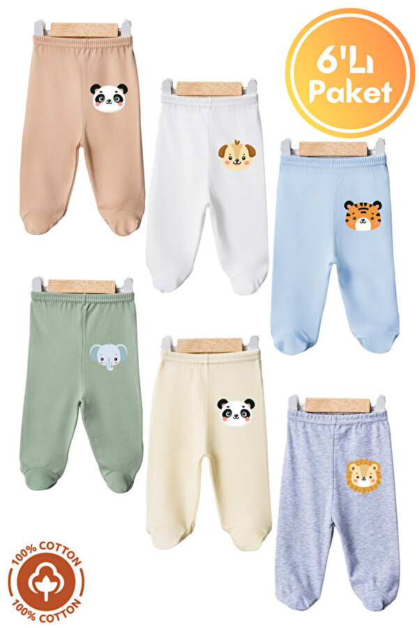 Miniel Unisex Bebek Penye Organik Pamuklu Cute Animals 0-6 Ay Patikli Bebek Tek Alt 6'lı Set