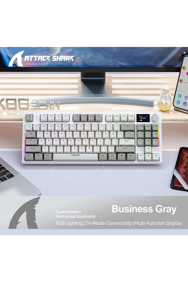 Choice-White Axis Grey K86 Wireless Hot-swappable Mechanical Keyboard Bluetooth/2.4g With Display Screen An 1